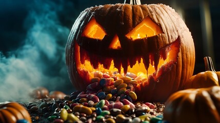 A Festive Halloween Scene with a Glowing Pumpkin and Candy