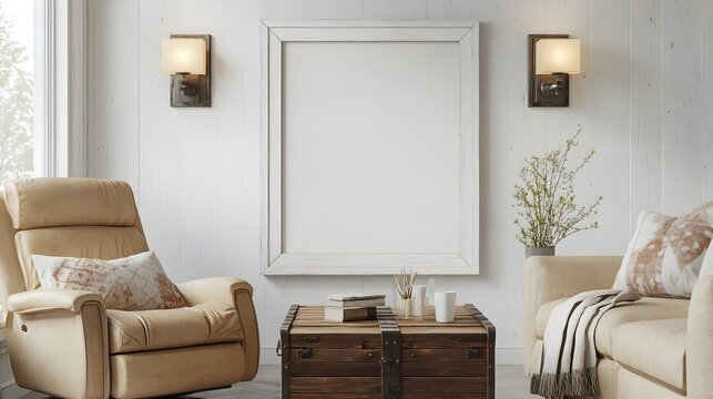 Mockup frame displayed in a cozy farmhouse style living room interior with tan leather recliner wooden trunk coffee table and sconce lighting