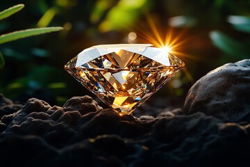Fototapeta premium Diamond sparkling in a sunbeam, captured in a photo where the light enhances its natural brilliance and glow