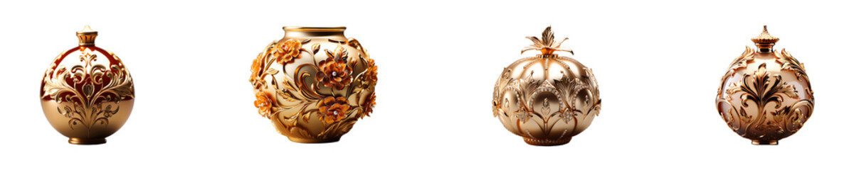 Set, collection of Gold Plated Kalash isolated on transparent background.