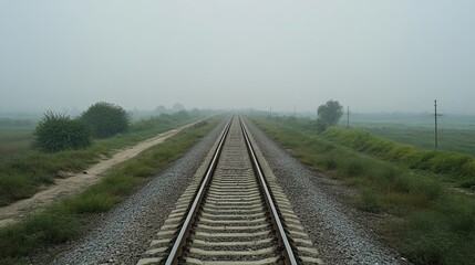 Fototapeta premium A long stretch of railway tracks disappearing into the distance, with no trains or people in sight