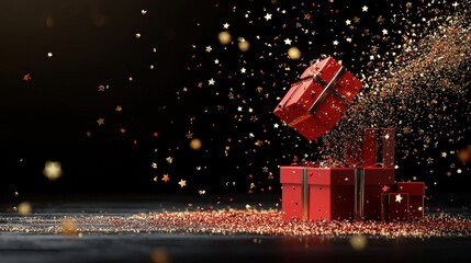 Elegant birthday celebration background with red gift boxes in various sizes, golden stars sprinkled around, and a vibrant red banner creating a luxurious and festive atmosphere, with space for
