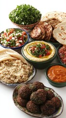 A collection of traditional Arabic dishes is presented, including fresh salads, dips, and warm breads, perfect for sharing