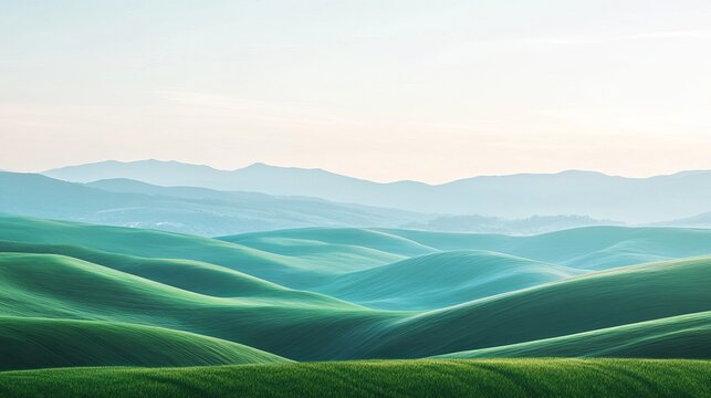 Green rolling hills flowing into misty mountains at sunrise