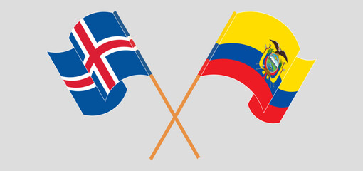 Crossed and waving flags of Iceland and Republic of Ecuador