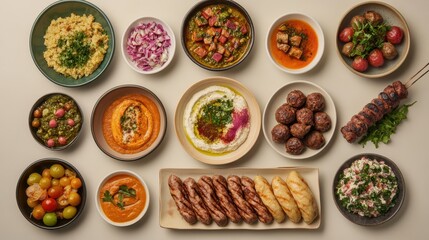 An assortment of traditional Arabic dishes featuring vibrant colors and flavors, inviting everyone to enjoy a communal dining experience