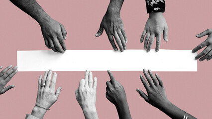Grayscale png diverse arms touching on banner on pink background