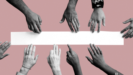 Grayscale png diverse arms touching on banner on pink background