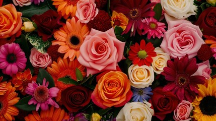 Fototapeta premium Vibrant Floral Bouquet with Roses, Gerbera Daisies, and Other Flowers