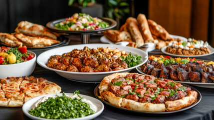 Obraz premium A Taste of Kuwait A Lavish Display of Traditional Kuwaiti and Arabic Cuisine Showcasing a Rich Variety of Dishes in an Opulent Dining Setting Celebrating Culinary Heritage and Flavors.