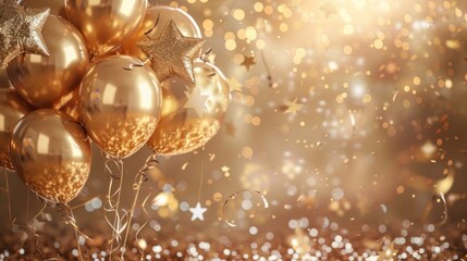 Golden balloons with festive decorations, including stars, gifts, and confetti, celebrating the New Year in an elegant.