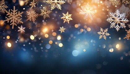 Christmas glittering glowing snowflakes particles and bokeh lights falling shiny background.
