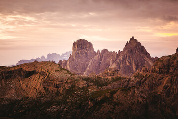 Italian Alps and Cadini di Misurina range in the morning. National Park Tre Cime di Lavaredo, Dolomites, Italy, Europe.