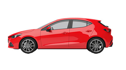 Side View Of Red Hatchback Car Mock Up isolated on transparent or white background