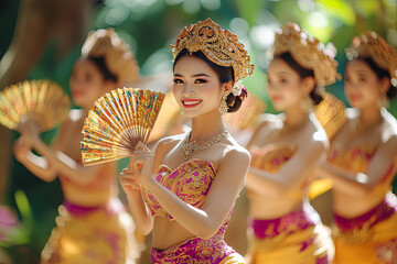 Asian travel background. Group of beautiful Balinese dancer women in traditional Sarong costumes with fans in hands dancing Legong
