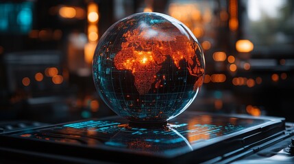 A holographic globe illuminates with vibrant data visuals, prominently displaying global information in a sleek, advanced environment.