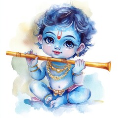 Fototapeta premium Cute Baby Krishna Playing Flute in Traditional Clothing, Depicting Hindu God Lord Krishna for Janmashtami and Govardhan Puja Celebrations on White Background