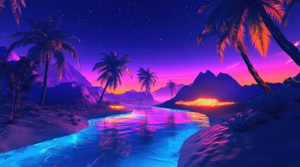 Neon Sunset over Tropical Island