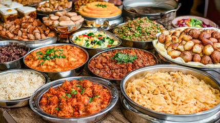Obraz premium A Taste of Kuwait A Lavish Display of Traditional Kuwaiti and Arabic Cuisine Showcasing a Rich Variety of Dishes in an Opulent Dining Setting Celebrating Culinary Heritage and Flavors