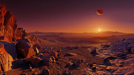 A Martian sunset with Phobos rising above the horizon, casting an eerie glow on the rocky terrain, while Deimos is barely visible in the fading light
