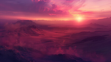 Naklejka premium A Martian landscape during sunset, with red dust particles in the air, the sky glowing with hues of pink and purple, and distant mountains silhouetted