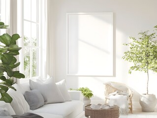 Mockup frame in a bright and airy Scandinavian style farmhouse living room interior with clean lines serene vibe and open concept layout  Simple white frame in a modern minimalist