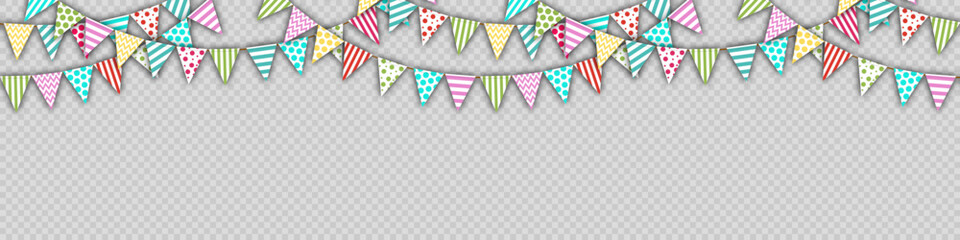 seamless background holiday flags, vector illustration of several streamers with bright multi colored flags, layered garlands. isolated. design element for cards, greetings, header for the website