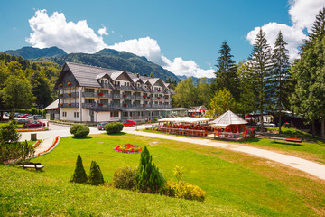 Central street with hotels of the Ribcev Laz resort village. Triglav national park, Bohinj valley,...