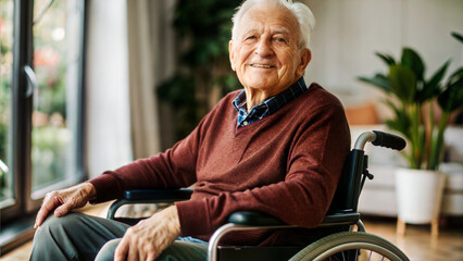 Elderly Man Sitting in a Mobile Chair by a Large Window in a Living Room