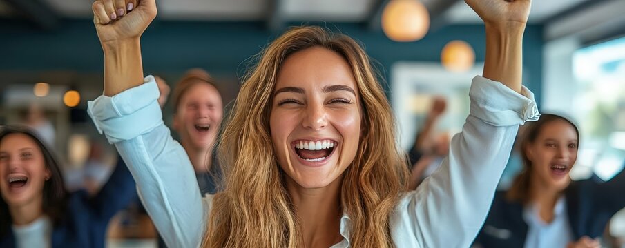 A business team celebrating a win in an office