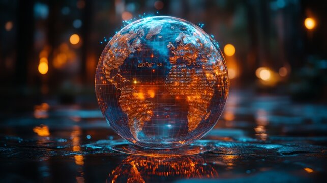 A holographic globe shows intricate geographic data amidst a vibrant urban scene, illuminated by city lights at twilight.