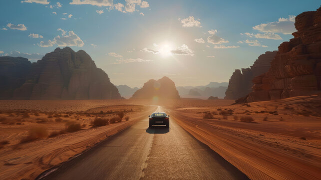A lone car driving down an empty road through the desert, with towering red rock formations in the distance and the sun casting long shadows - Powered by Adobe