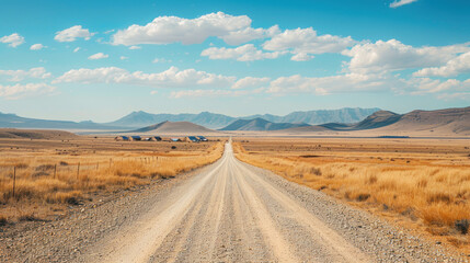 Fototapeta premium A gravel road crossing a desolate, arid landscape, with the small, remote village visible on the horizon, surrounded by nothing but dry plains and distant mountains
