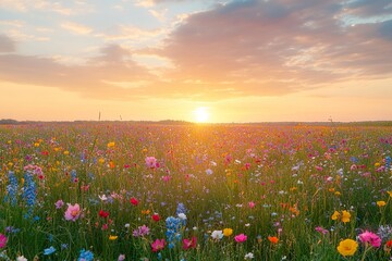 Naklejka premium A field of wildflowers in various colors, stretching as far as the eye can see under a golden sunset