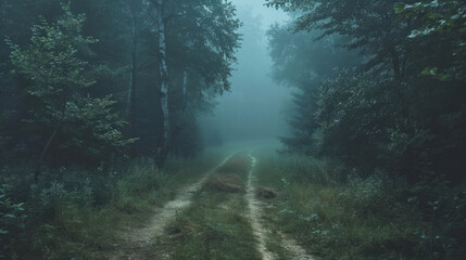 Obraz premium A forgotten road disappearing into a dense forest, with the remains of an old, abandoned village barely visible through the trees, shrouded in mist and mystery