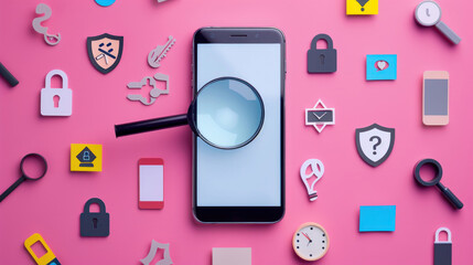 A flat lay of a smartphone with a magnifying glass hovering over it, surrounded by privacy-related icons like a lock, shield, and question mark, representing concerns about data security