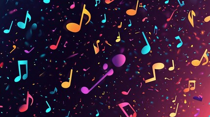"Funky vector art wallpaper featuring a dynamic scatter of musical note icons and symphony notation signs, creating a vibrant dance music concept with artistic silhouettes and pause symbols, ideal for