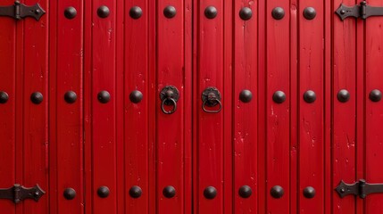 Fototapeta premium Red Wooden Door with Black Metal Knobs and Studs