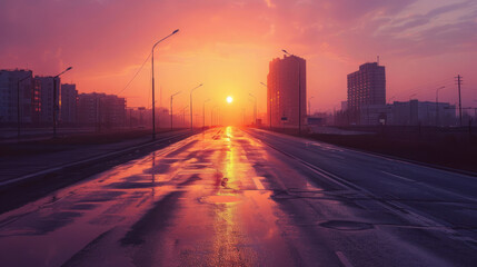 A deserted city road at dawn, with the buildings silhouetted against the rising sun, the road wet...