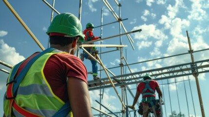 The construction workers on scaffolding