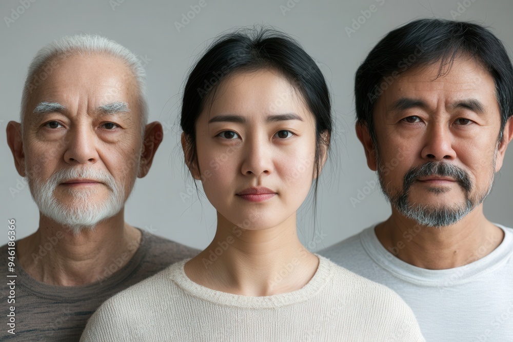 Poster Three people of different ages display a range of expressions and styles, embodying the connections across generations in a neutral-toned indoor setting. Generative AI