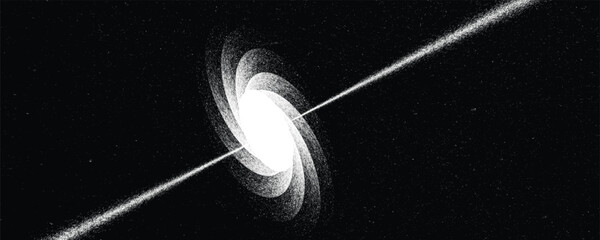 Neutron star with disc of plasma and  ray burst. Supermassive singularity in core off a galaxy, with noise texture . Event horizon .Vector illustration