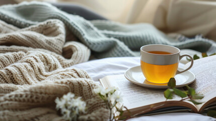 A peaceful morning scene of an adult sipping tea while reading a book, surrounded by natural light and cozy blankets, capturing the essence of a self-care morning routine