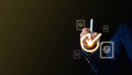 Businessman Uses Electronic Pen on Virtual Screen for Job Satisfaction, Customer Satisfaction, and Self-Evaluation to Improve Abilities and Annual Performance Report