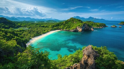 A breathtaking view of a tropical island with a dense jungle and a secluded beach, surrounded by azure waters