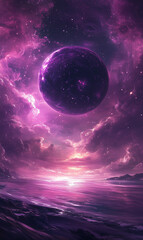Obraz premium A surreal cosmic landscape featuring a massive, dark purple planet hovering above an ethereal ocean.