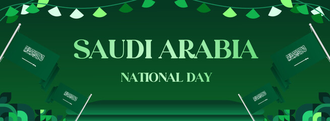 Saudi Arabia National Independence Day wide banner. Modern geometric abstract background in colorful style for Saudi Arabian holiday. Saudi Arabia National Day greeting card design with country flag.
