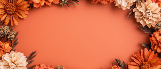 Autumn Floral Elegance, vibrant artificial flowers in warm orange and cream hues framing a smooth backdrop, perfect for seasonal decor or invitations.