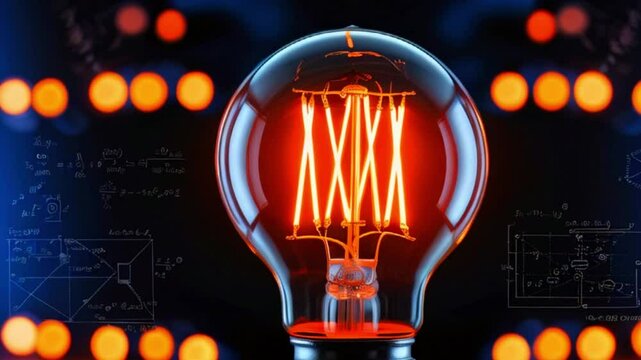 A lit incandescent light bulb with a glowing filament in the center of the frame, surrounded by blurry orange lights and white mathematical equations on a dark blue background.