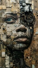Collage of a Woman's Face Made of Metal and Mechanical Parts.